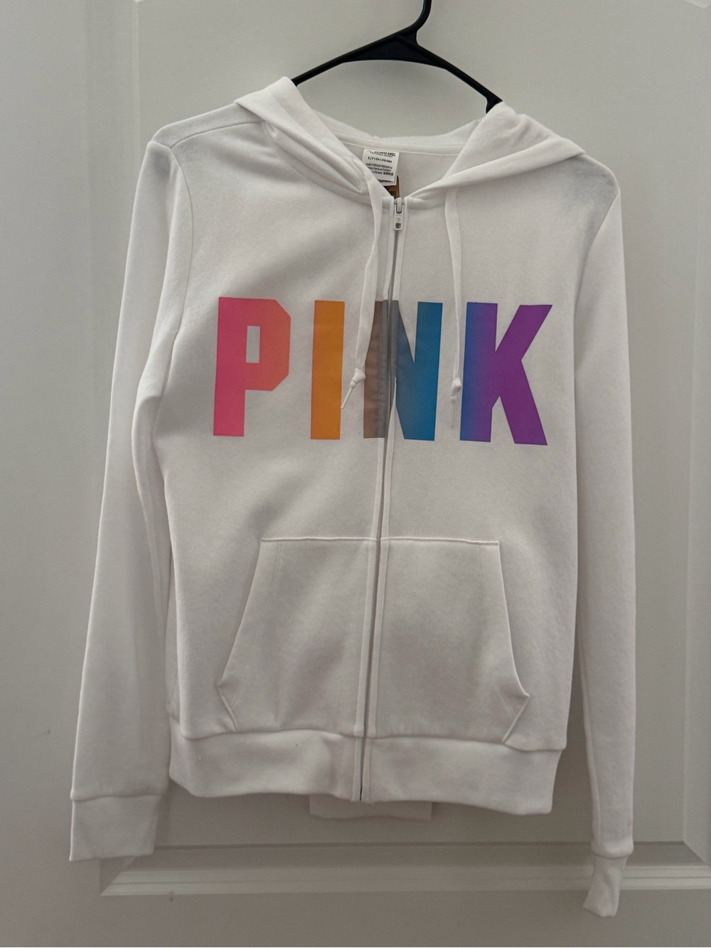 PINK Victoria's Secret White Zip-Up Hoodie with Multicolor Logo